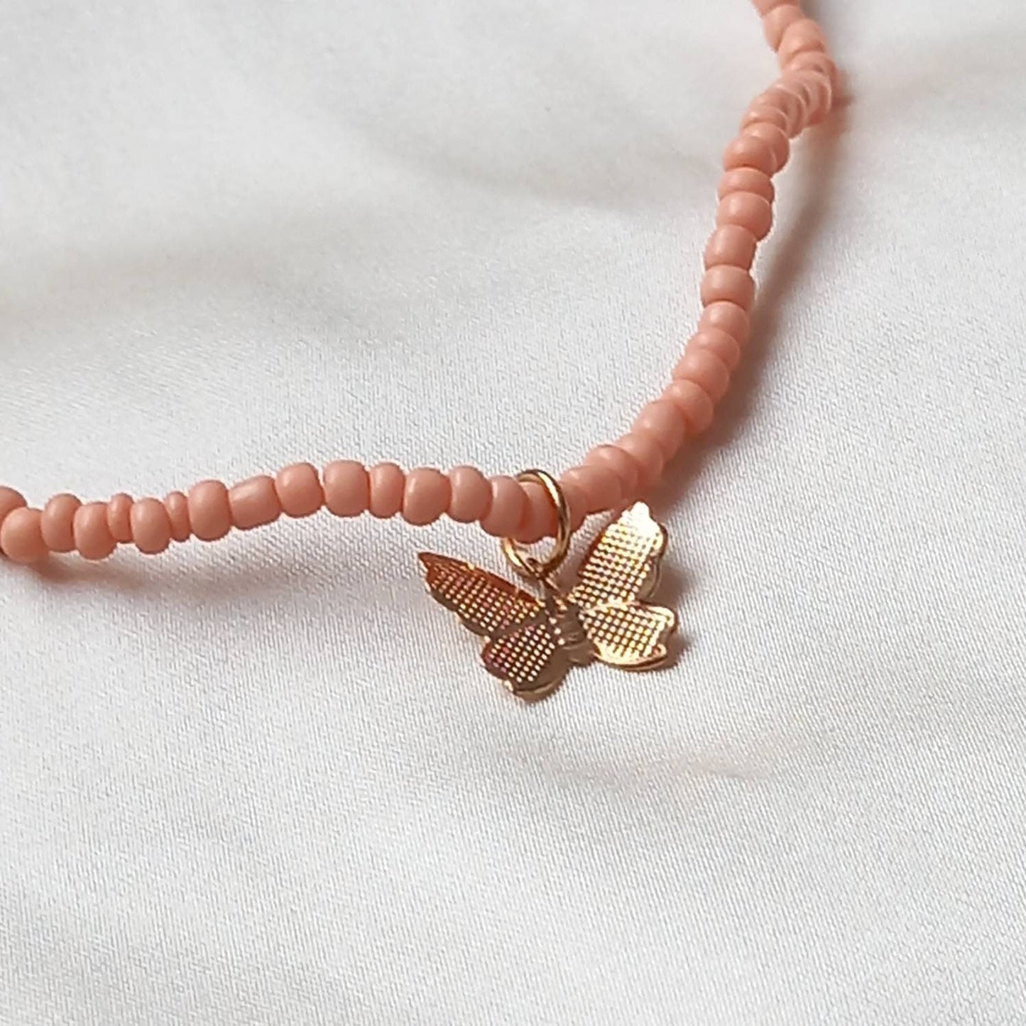 Gold Butterfly & Pink Bead Necklace - Coral Pink Jewellery, Pink Accessories, Pendant Necklace, Choker Necklace, Butterfly Charm Necklace