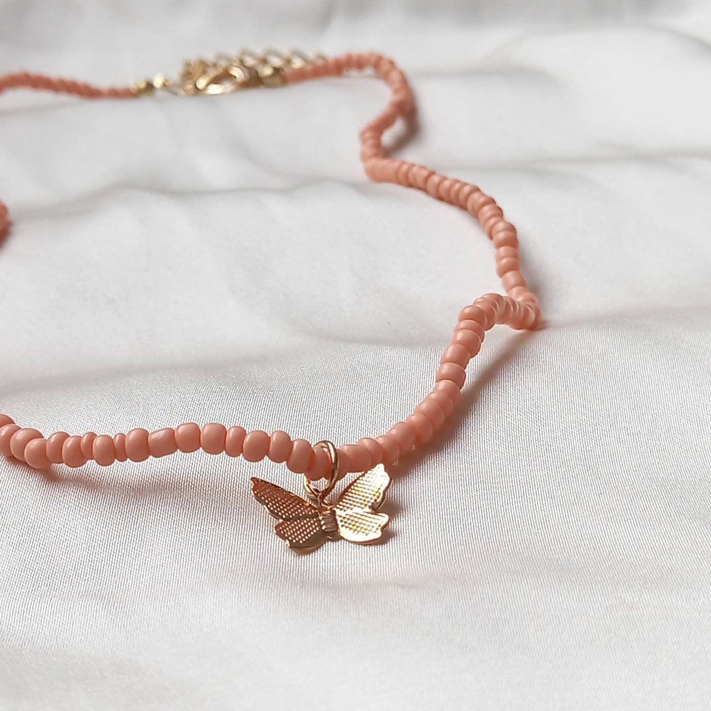 Gold Butterfly & Pink Bead Necklace - Coral Pink Jewellery, Pink Accessories, Pendant Necklace, Choker Necklace, Butterfly Charm Necklace