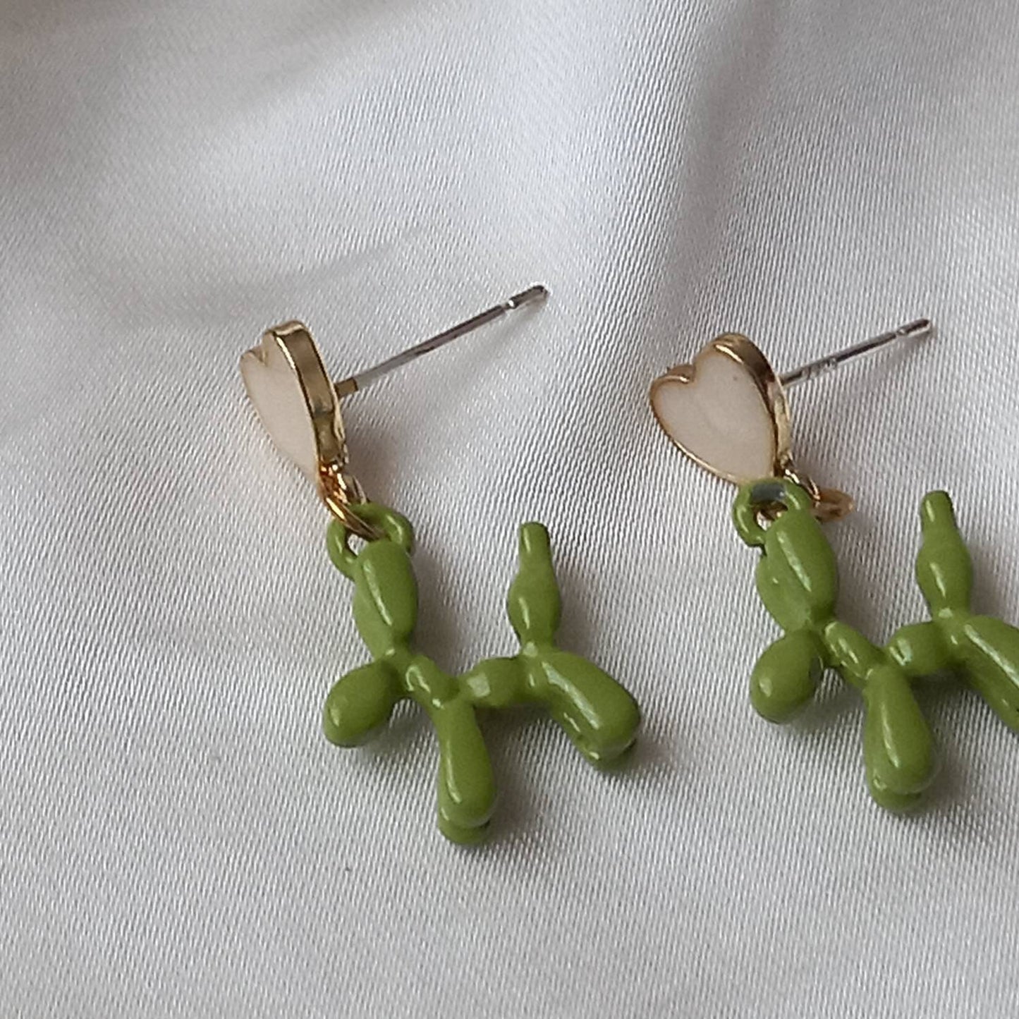 Green & Pink Balloon Dog Drop Earrings - Hanging Jewellery, Accessories, Pink Heart Earrings, Flower Jewlellery, Green Statement Earrings