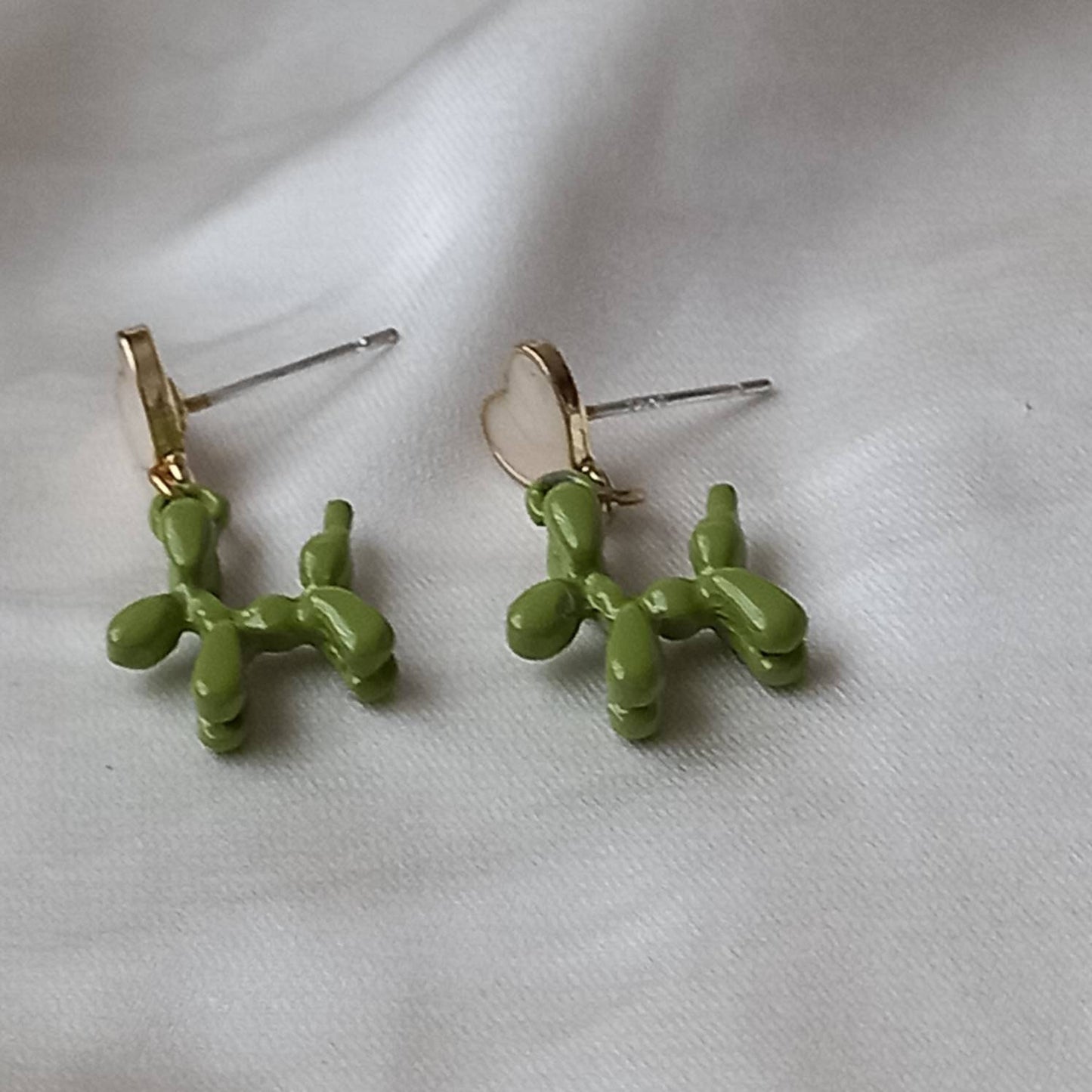 Green & Pink Balloon Dog Drop Earrings - Hanging Jewellery, Accessories, Pink Heart Earrings, Flower Jewlellery, Green Statement Earrings