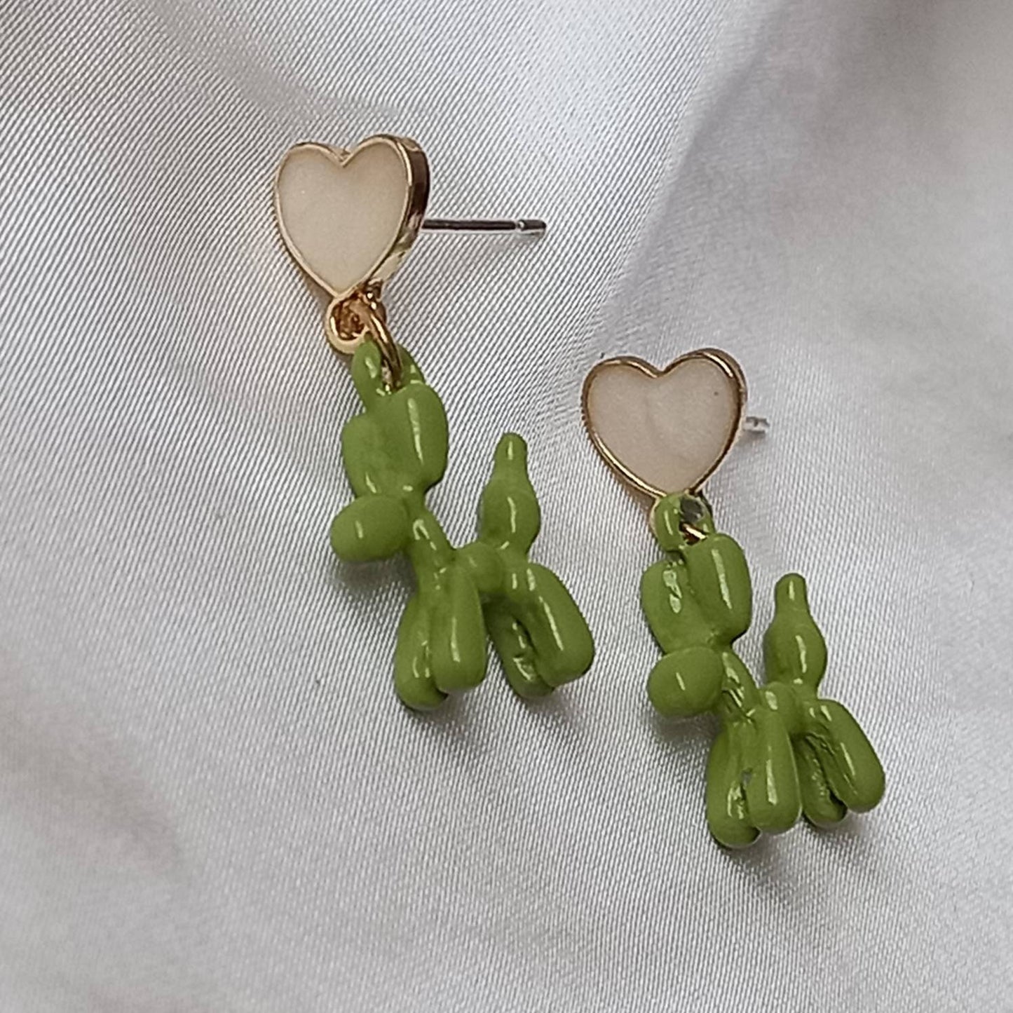 Green & Pink Balloon Dog Drop Earrings - Hanging Jewellery, Accessories, Pink Heart Earrings, Flower Jewlellery, Green Statement Earrings