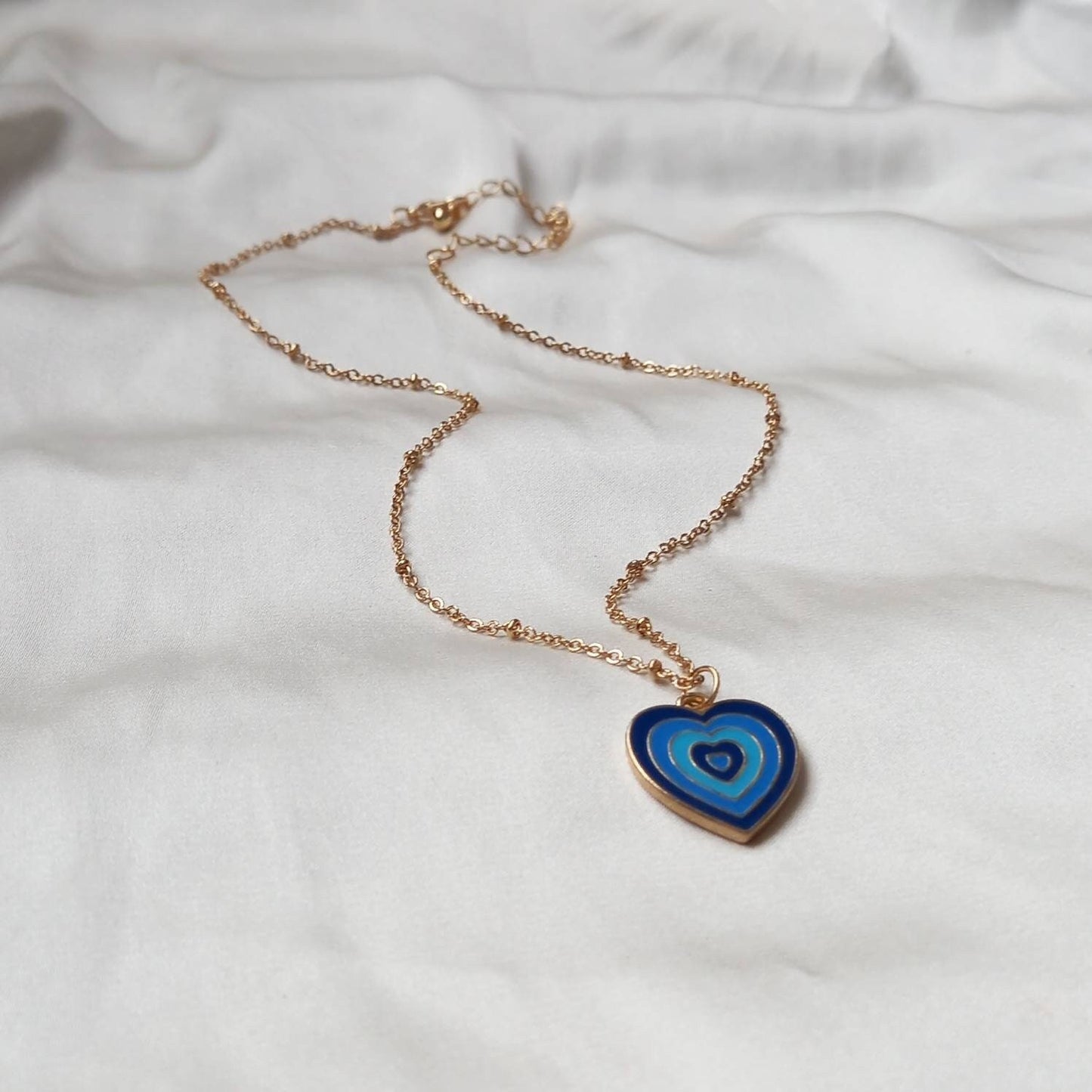 Blue & Gold Retro Heart Charm Necklace -  70's Style Necklace, Vintage Style, Hanging Jewellery,Accessories,Blue Jewellery,Gold Necklace