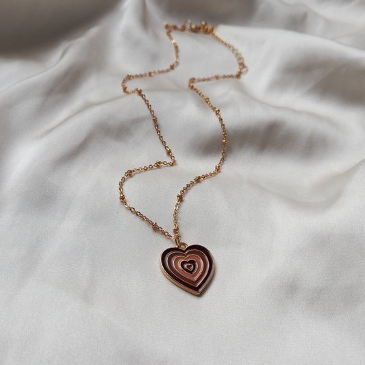 Brown & Gold Retro Heart Charm Necklace -  70's Style Necklace, Vintage Style, Hanging Jewellery,Accessories,Brown Jewellery,Gold Necklace