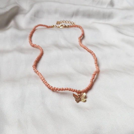 Gold Butterfly & Pink Bead Necklace - Coral Pink Jewellery, Pink Accessories, Pendant Necklace, Choker Necklace, Butterfly Charm Necklace