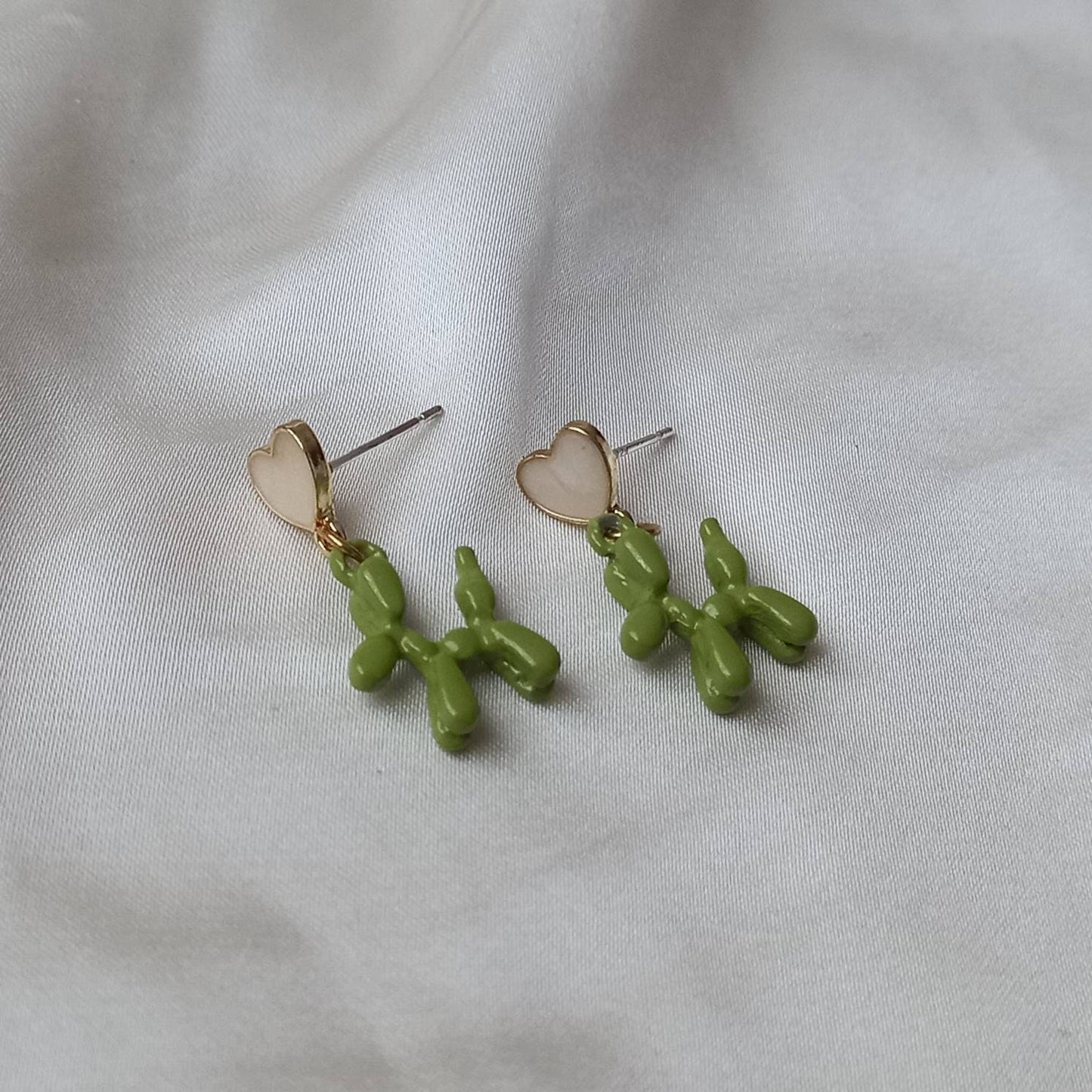 Green & Pink Balloon Dog Drop Earrings - Hanging Jewellery, Accessories, Pink Heart Earrings, Flower Jewlellery, Green Statement Earrings