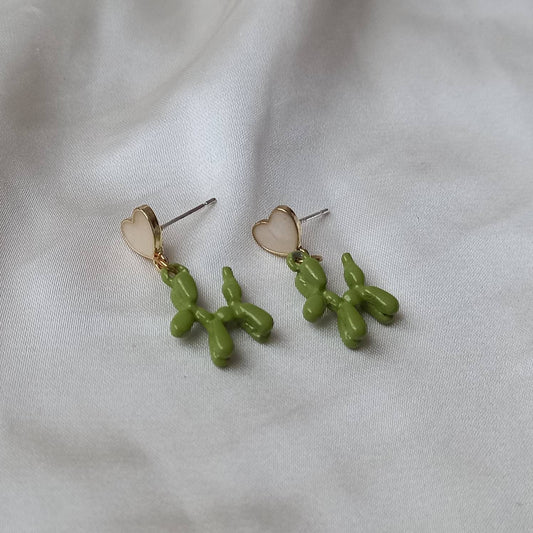 Green & Pink Balloon Dog Drop Earrings - Hanging Jewellery, Accessories, Pink Heart Earrings, Flower Jewlellery, Green Statement Earrings