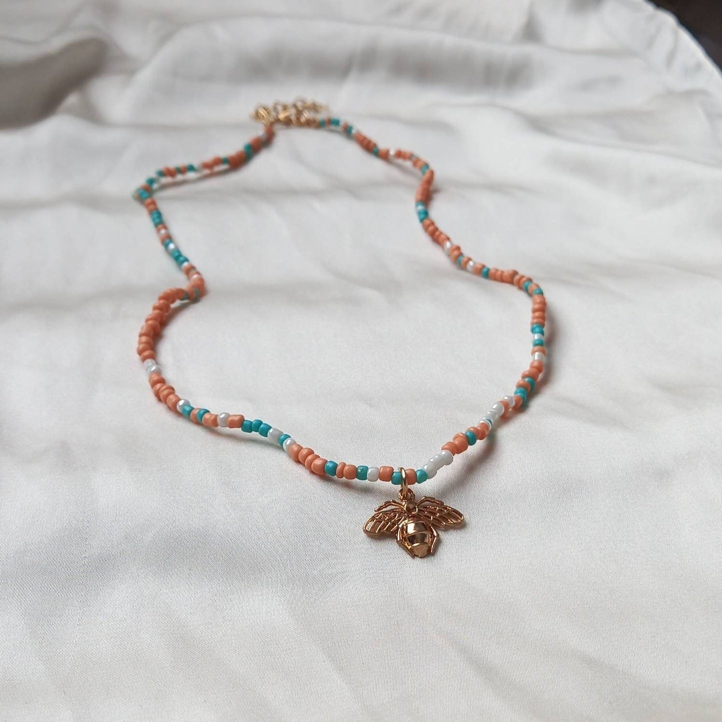 Gold Bee & Pastel  Necklace - Bead Jewellery, Bee Necklace, Bead Necklace, Cute Necklace, Bee Jewelley,Necklaces In The UK, Gifts For Her