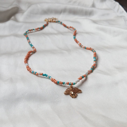 Gold Bee & Pastel  Necklace - Bead Jewellery, Bee Necklace, Bead Necklace, Cute Necklace, Bee Jewelley,Necklaces In The UK, Gifts For Her