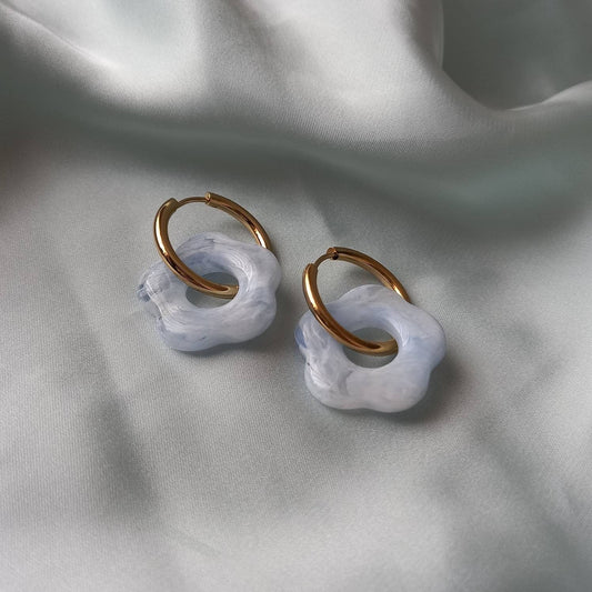 White & Gold Retro Flower Hoop Earrings -  70's Style Earrings, Small Gold Hoops, Vintage Style Earrings, Gold Jewellery,Gold Earrings