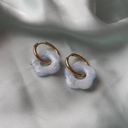 White & Gold Retro Flower Hoop Earrings -  70's Style Earrings, Small Gold Hoops, Vintage Style Earrings, Gold Jewellery,Gold Earrings