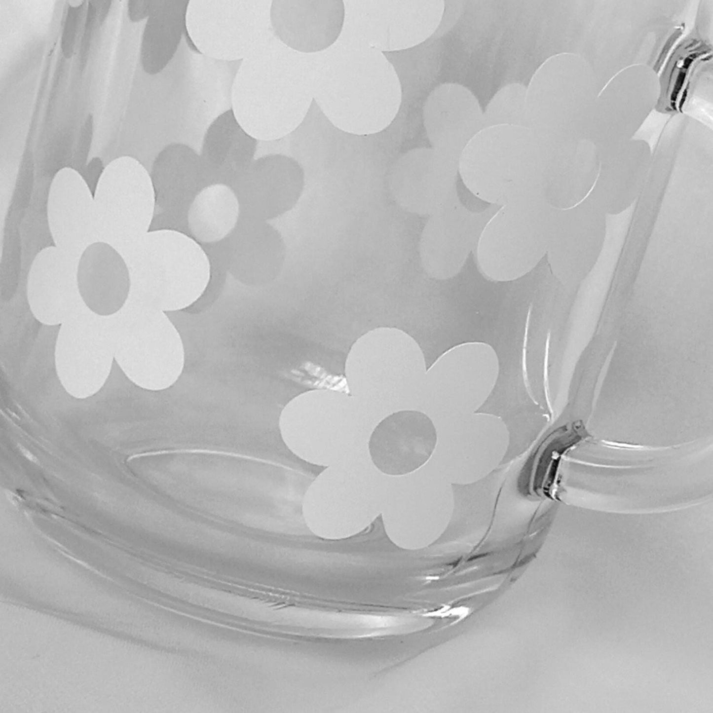 White Retro Flower Glass Mug -  Flower Mug, Floral Mug, 70's Mug, 70's Style Design, Vintage Style Mug, Retro Mug, Funky Mug, Clear Mug