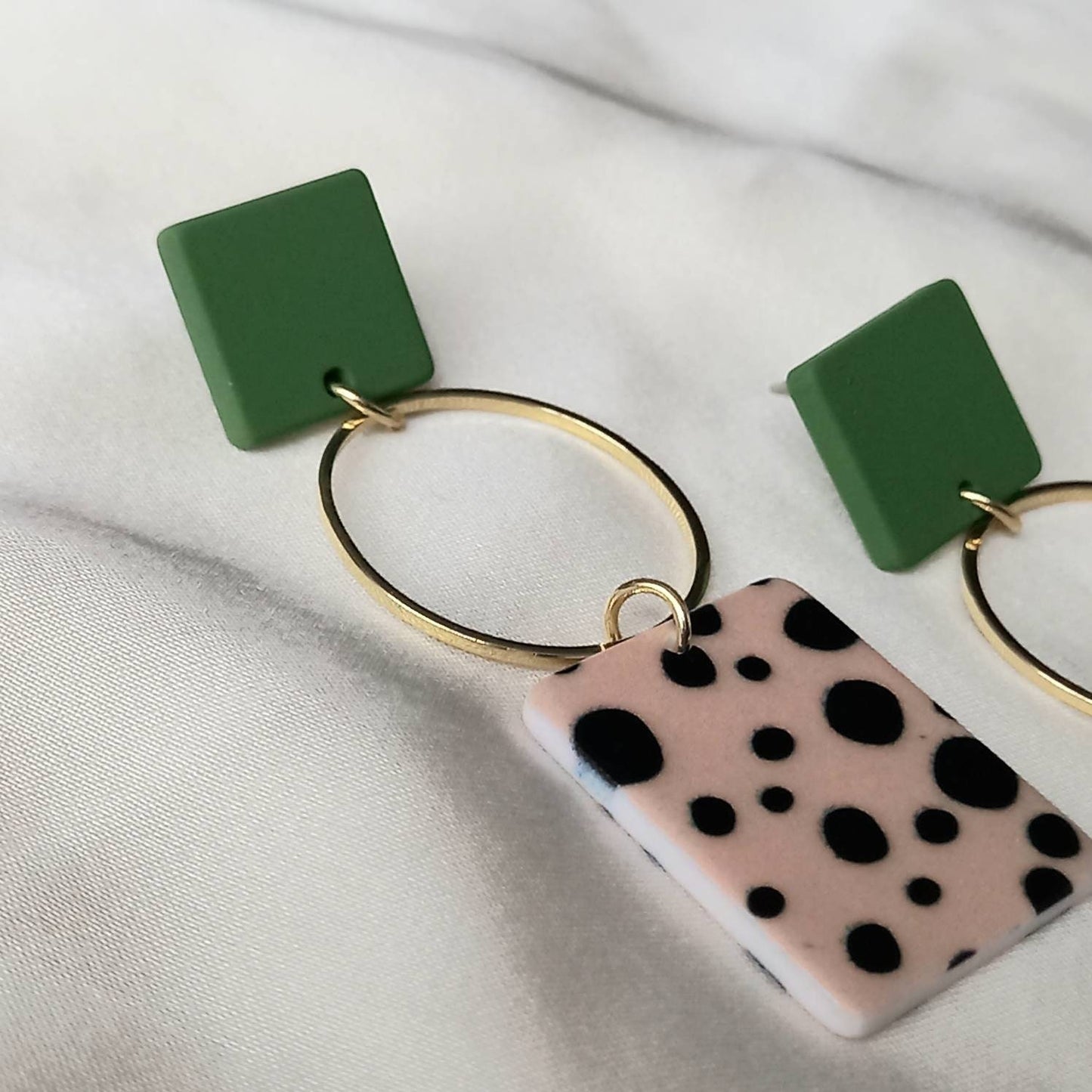 Green & Gold Spotted Rectangle Drop Earrings -  Green Earrings,Gold Earrings,Spotty Earrings,Rectangle Earrings, Gold Earrings In The UK