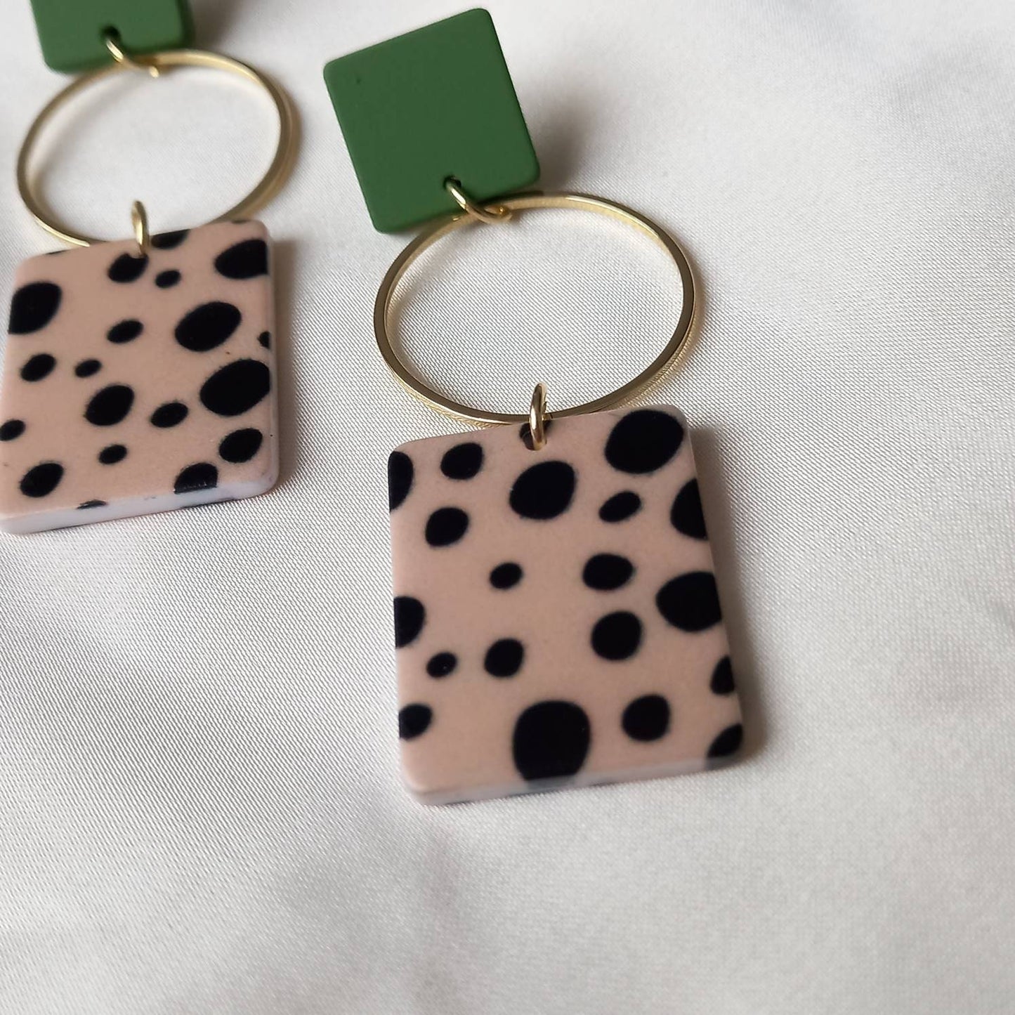 Green & Gold Spotted Rectangle Drop Earrings -  Green Earrings,Gold Earrings,Spotty Earrings,Rectangle Earrings, Gold Earrings In The UK