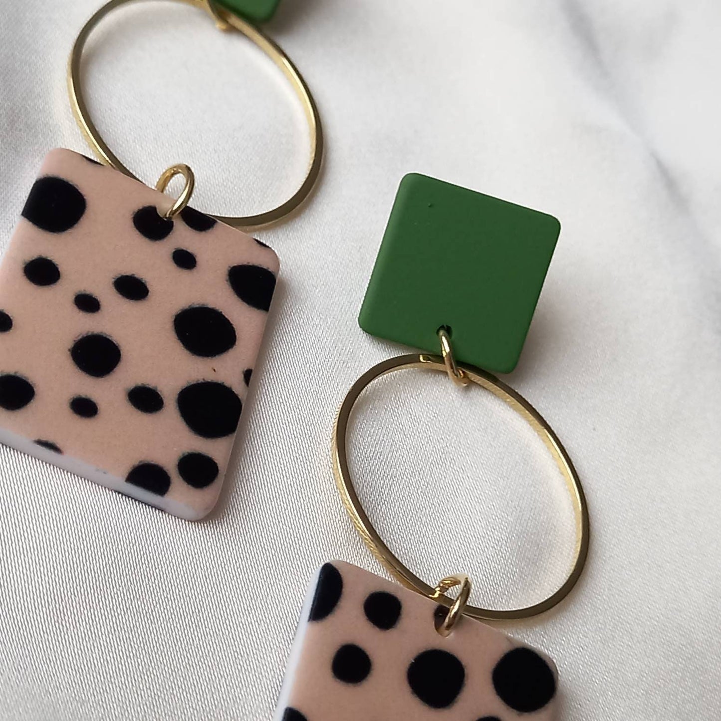 Green & Gold Spotted Rectangle Drop Earrings -  Green Earrings,Gold Earrings,Spotty Earrings,Rectangle Earrings, Gold Earrings In The UK