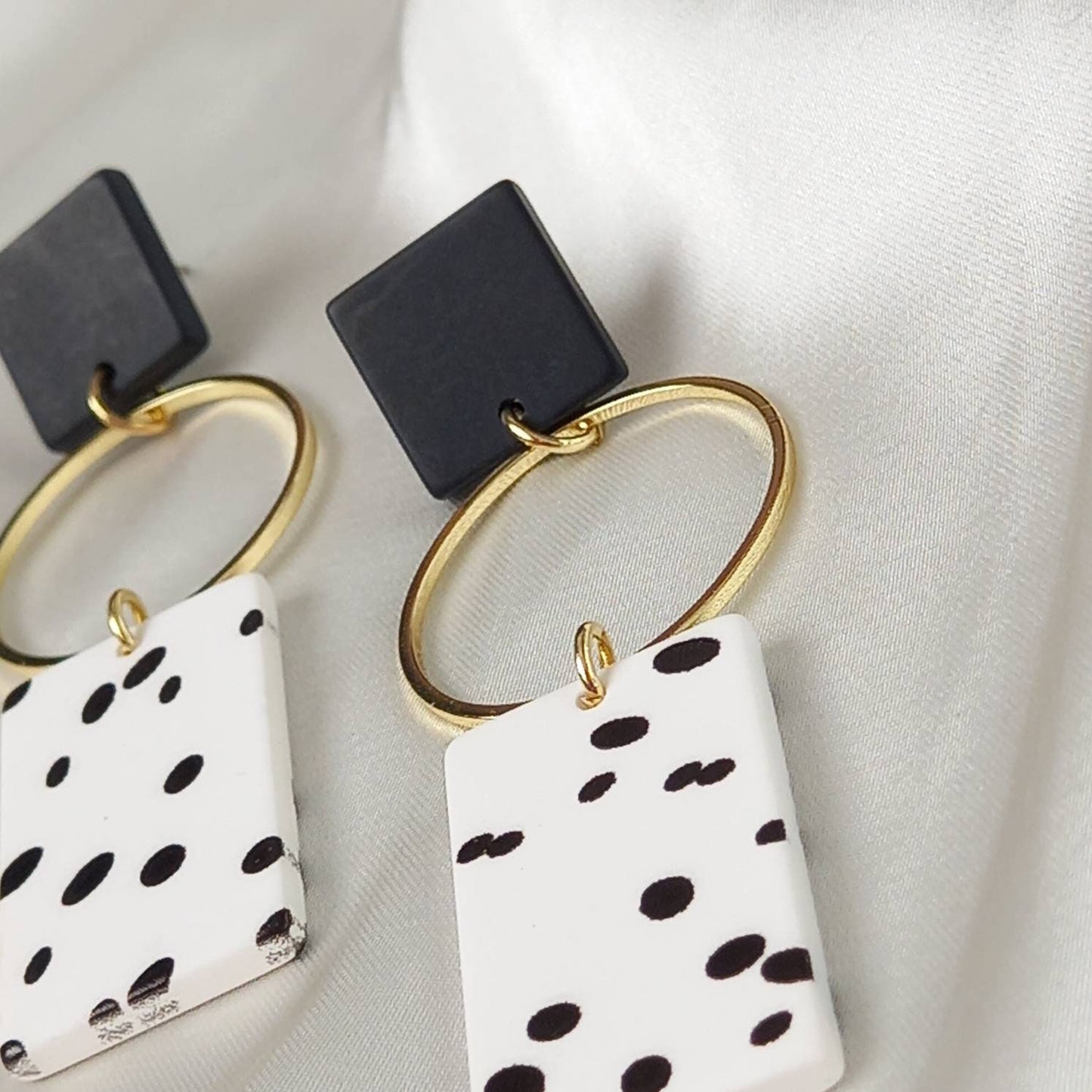Black & White Spotted Rectangle Drop Earrings - Black Earrings,Gold Earrings,Spotty Earrings,Rectangle Earrings,Gold Earrings In The UK