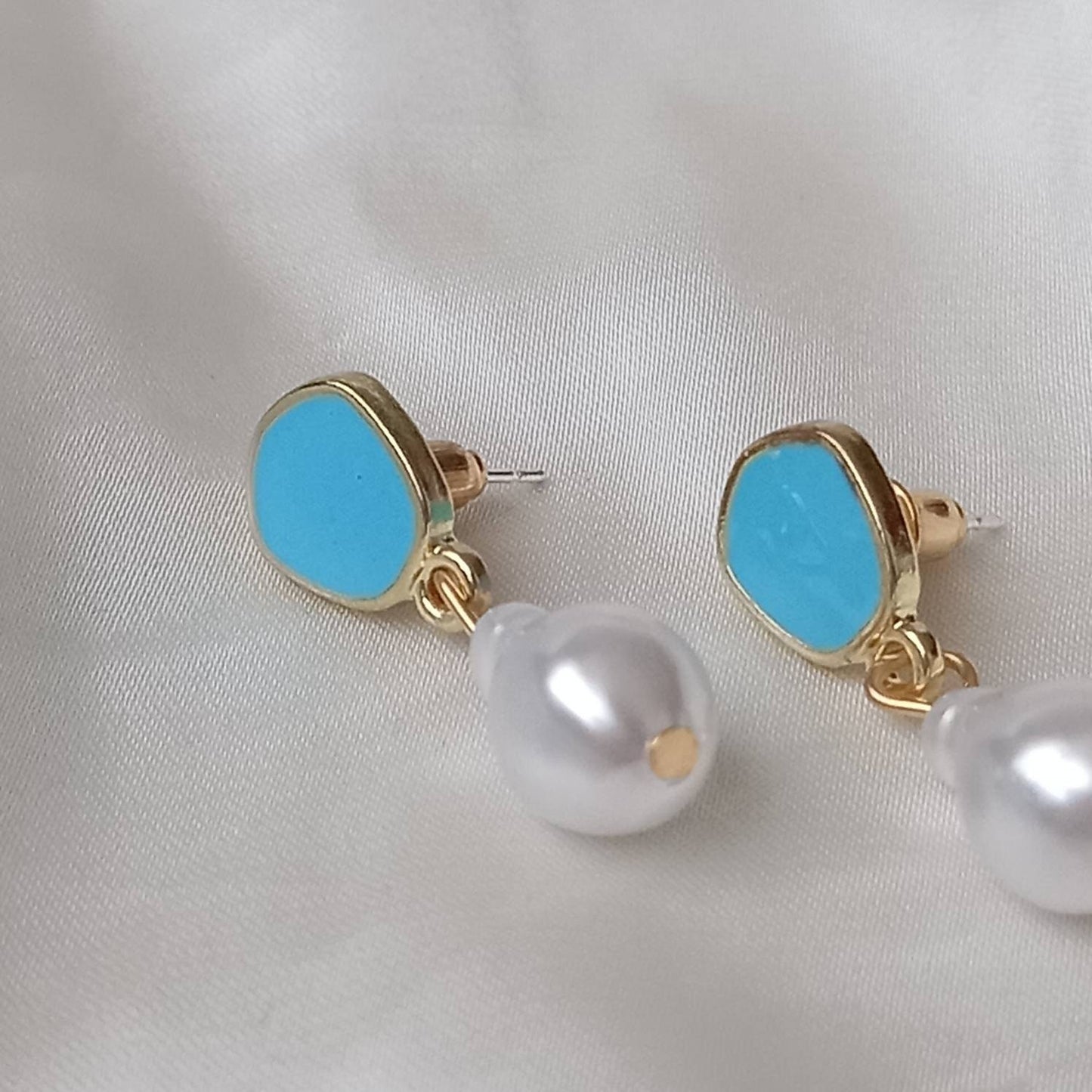 Blue Stud & Pearl Drop Earrings - Pearl Earrings, Blue Earrings, Small Earrings, Small Drop Earrings, Blue Jewellery, Earrings In The UK