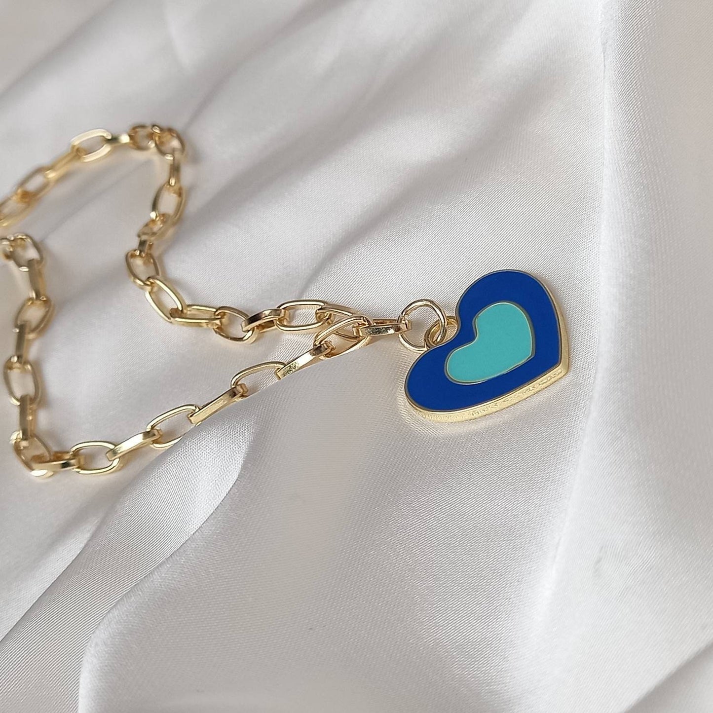 Blue & Gold Retro Heart Charm Necklace -  70's Style Necklace, Vintage Style, Hanging Jewellery,Accessories,Blue Jewellery,Gold Necklace