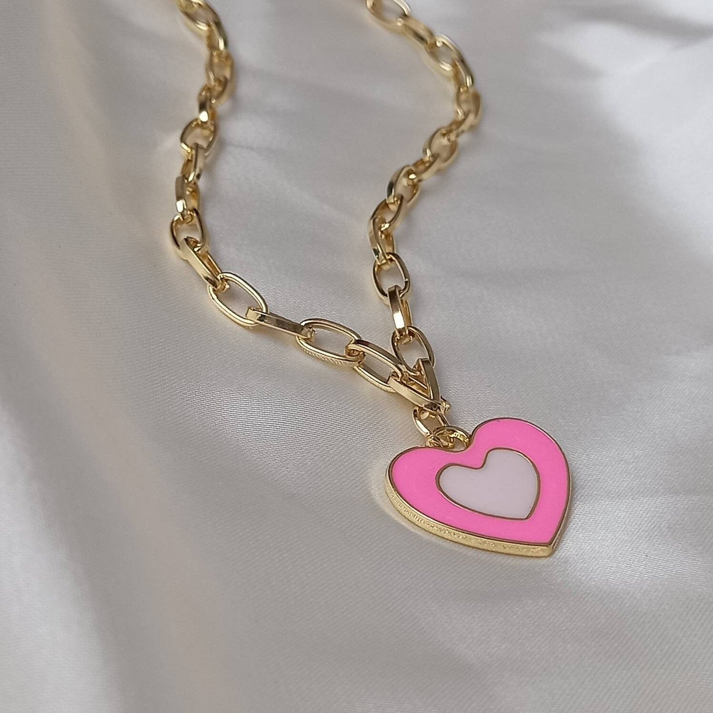 Pink & Gold Retro Heart Drop Charm Necklace -  70's Style Necklace, Vintage Style,Hanging Jewellery,Accessories,Pink Jewellery,Gold Necklace