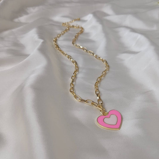 Pink & Gold Retro Heart Drop Charm Necklace -  70's Style Necklace, Vintage Style,Hanging Jewellery,Accessories,Pink Jewellery,Gold Necklace