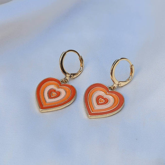Orange & Gold Retro Heart Drop Earrings -  70's Style Earrings, Vintage Style, Hanging Jewellery,Accessories,Orange Jewellery,Gold Earrings