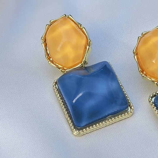 Blue and Orange Resin Drop Earrings -  Hanging Jewellery,Orange Earrings,Blue Earrings,Gold Earrings,Resin Earrings,Chunky Earrings