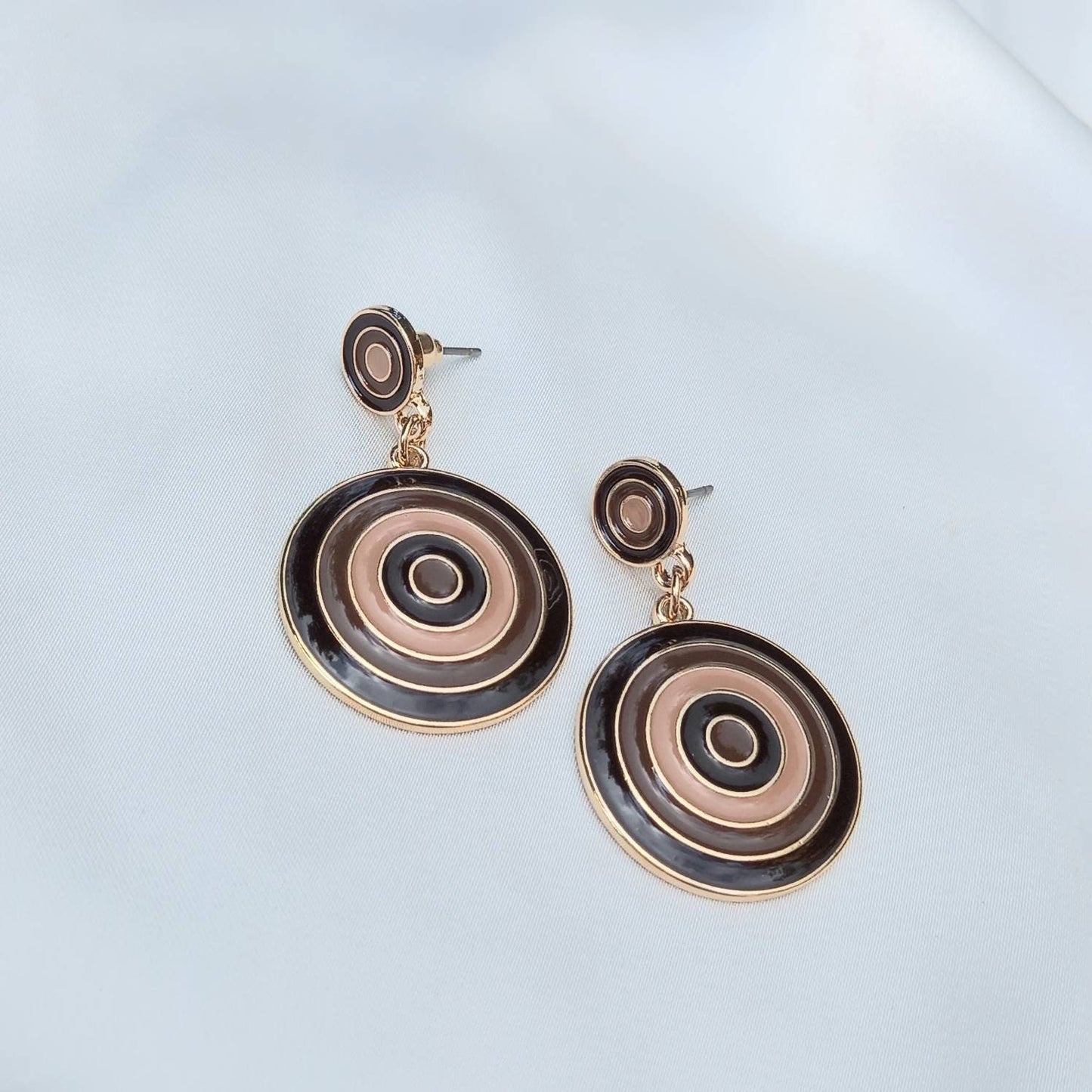 Brown & Gold Retro Circle Drop Earrings -  70's Style Earrings, Vintage Style, Hanging Jewellery,Accessories,Brown Jewellery,Gold Earrings