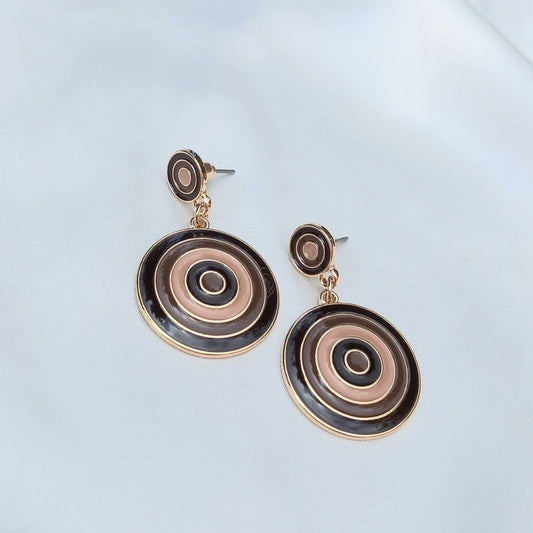Brown & Gold Retro Circle Drop Earrings -  70's Style Earrings, Vintage Style, Hanging Jewellery,Accessories,Brown Jewellery,Gold Earrings