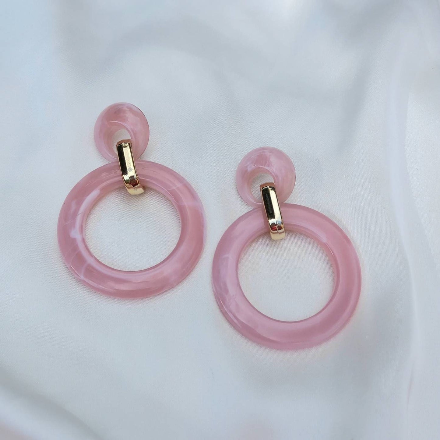 Pink and Gold Hoop Drop Earrings -  Hanging Jewellery, Accessories, Pink Jewellery, Gold Earrings, Pink Hoop Earrings, Large Hoop Earrings