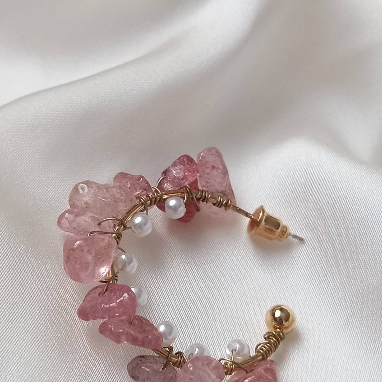 Pink Stone & Pearl Hoop Earrings - Pearl Earrings, Classic Earrings, Bead Earrings, Pink Earrings, Earrings In The UK, Jewellery In The UK