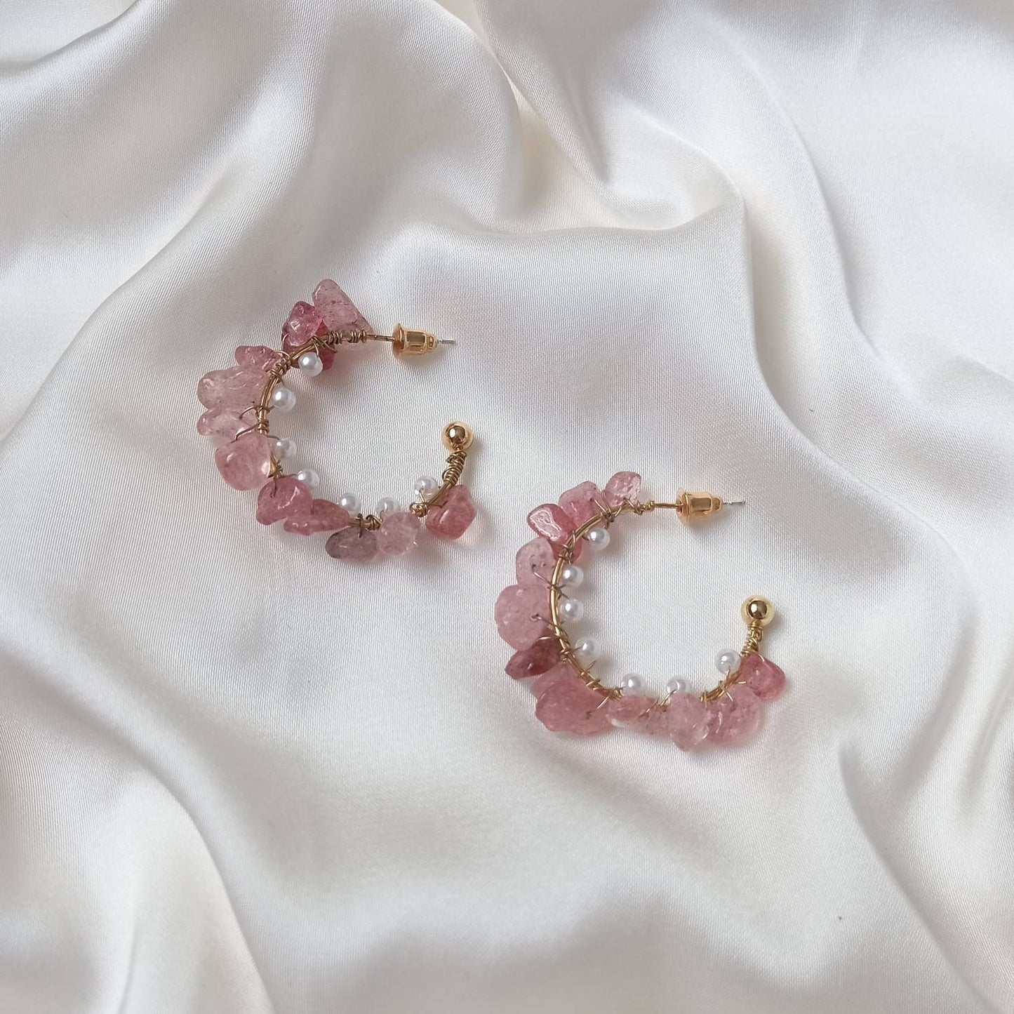 Pink Stone & Pearl Hoop Earrings - Pearl Earrings, Classic Earrings, Bead Earrings, Pink Earrings, Earrings In The UK, Jewellery In The UK