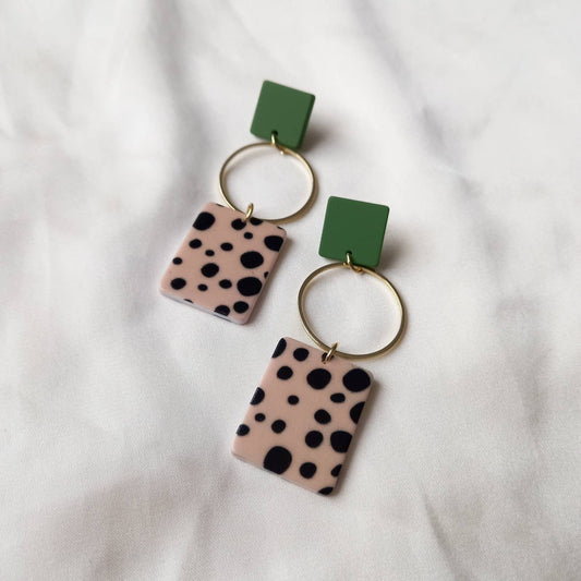 Green & Gold Spotted Rectangle Drop Earrings -  Green Earrings,Gold Earrings,Spotty Earrings,Rectangle Earrings, Gold Earrings In The UK