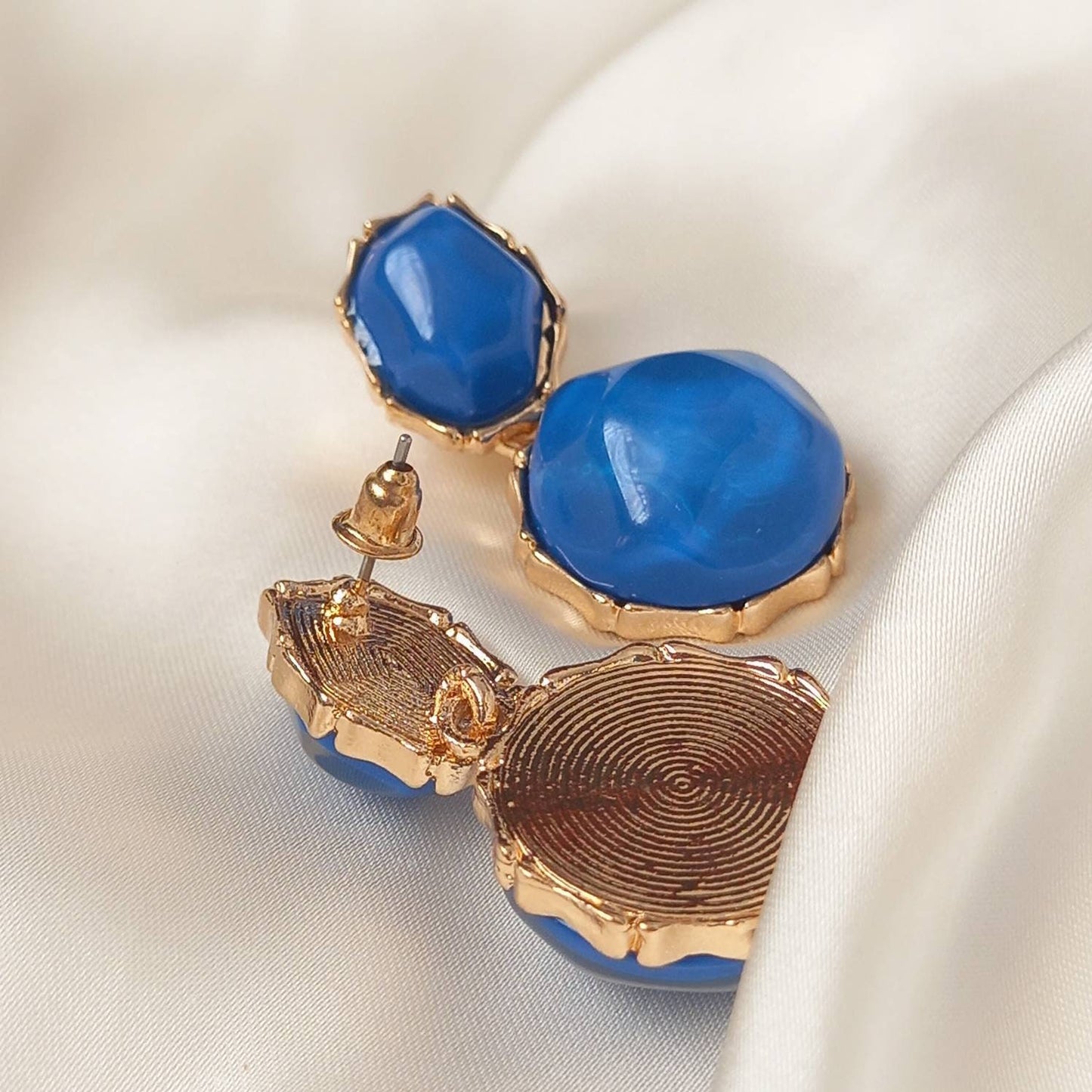 Blue & Gold Oval Resin Drop Earrings -Blue Earrings,Blue Jewellery,Gold Earrings,Resin Earrings,Chunky Earrings,Thick Earrings,Oval Earrings