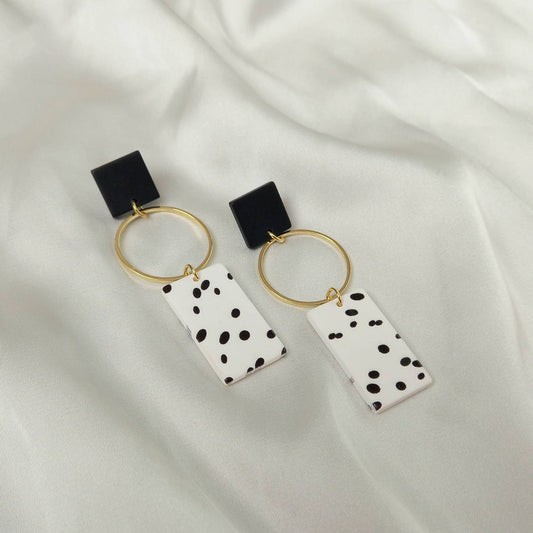 Black & White Spotted Rectangle Drop Earrings - Black Earrings,Gold Earrings,Spotty Earrings,Rectangle Earrings,Gold Earrings In The UK