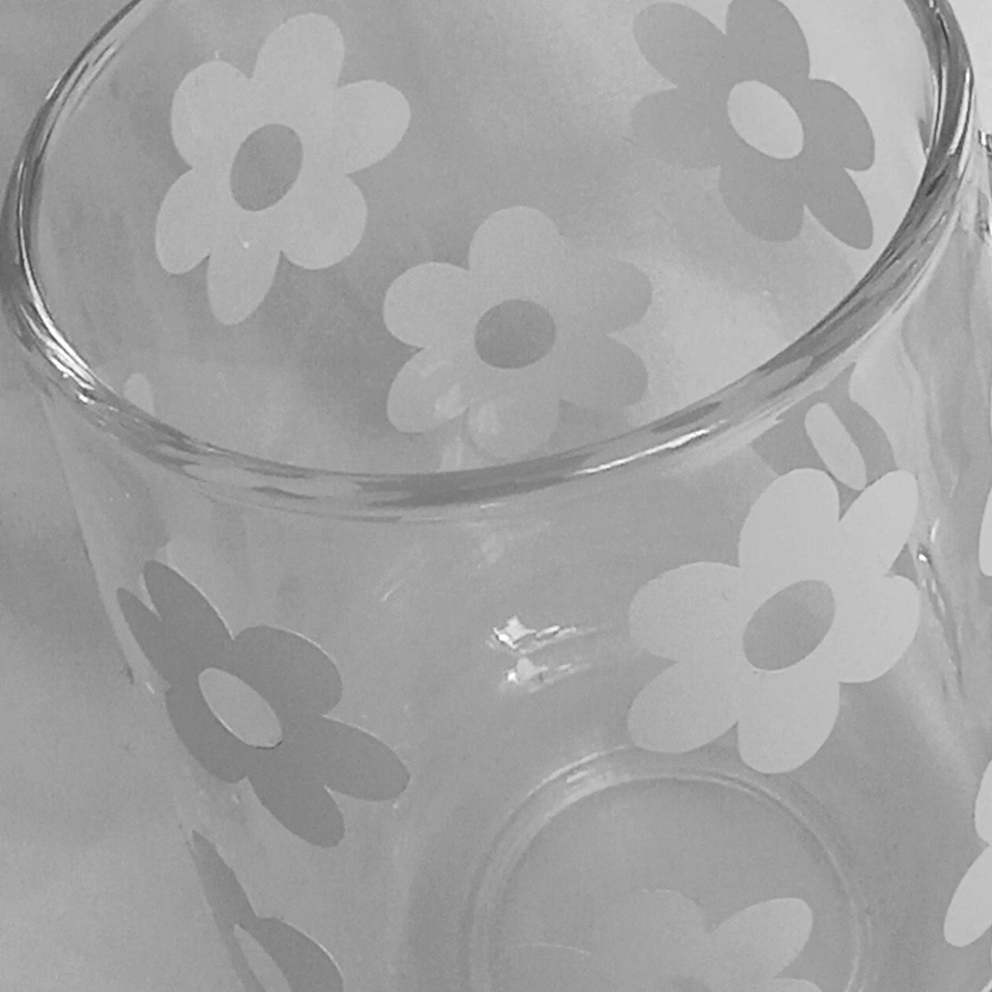 White Retro Flower Glass Mug -  Flower Mug, Floral Mug, 70's Mug, 70's Style Design, Vintage Style Mug, Retro Mug, Funky Mug, Clear Mug