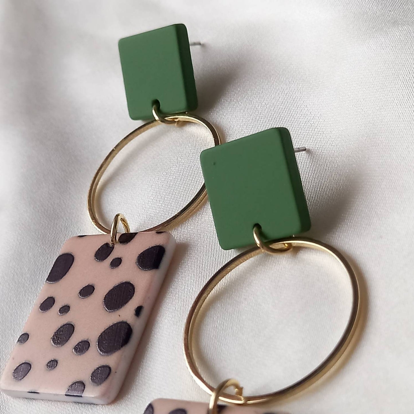 Green & Gold Spotted Rectangle Drop Earrings -  Green Earrings,Gold Earrings,Spotty Earrings,Rectangle Earrings, Gold Earrings In The UK