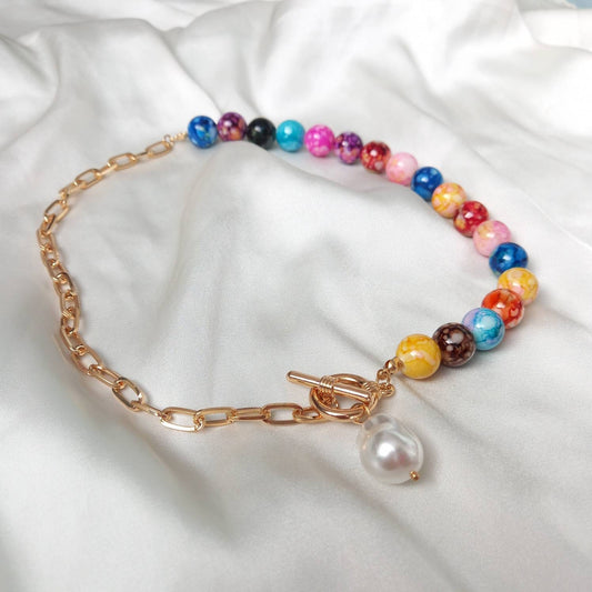 Chunky Bead & Gold Chain Necklace - Chunky Bead Necklace,Faux Pearl Necklace,Bead Jewellery,Bead Necklace,Chunky Necklace,Rainbow Necklace