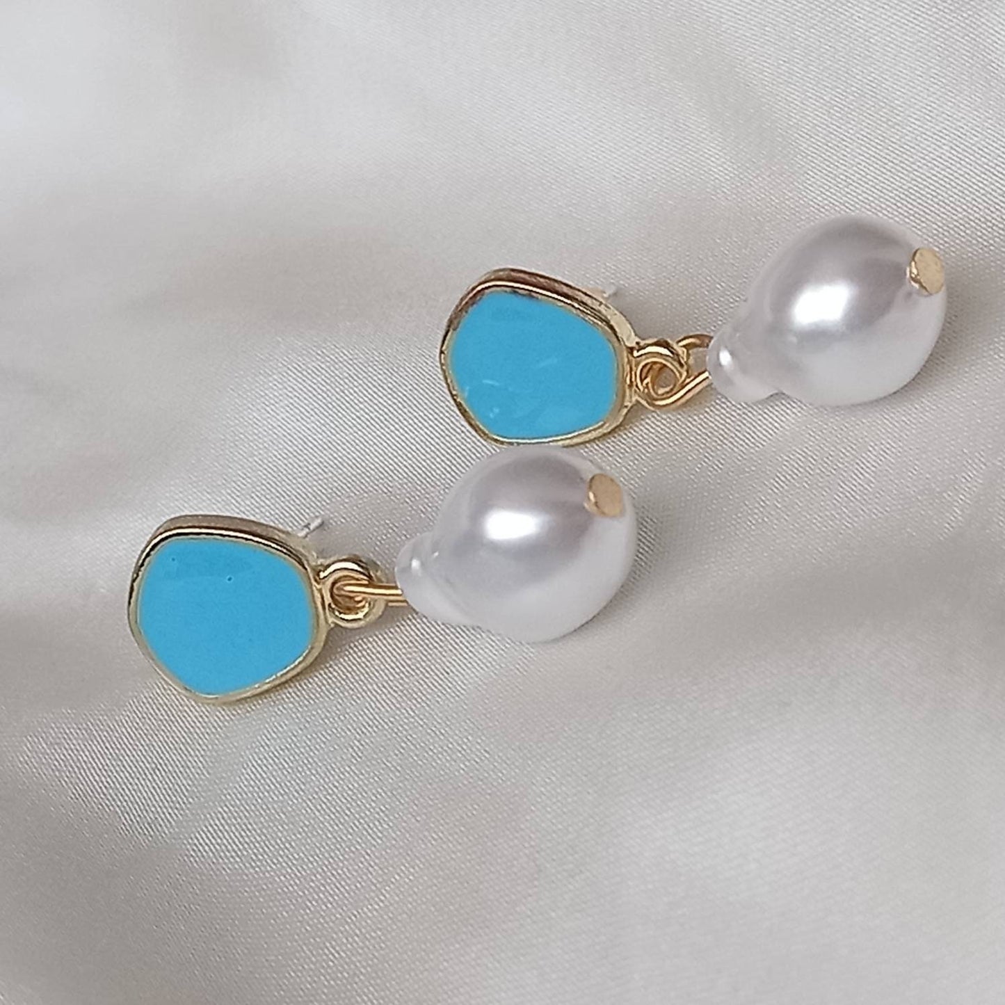 Blue Stud & Pearl Drop Earrings - Pearl Earrings, Blue Earrings, Small Earrings, Small Drop Earrings, Blue Jewellery, Earrings In The UK