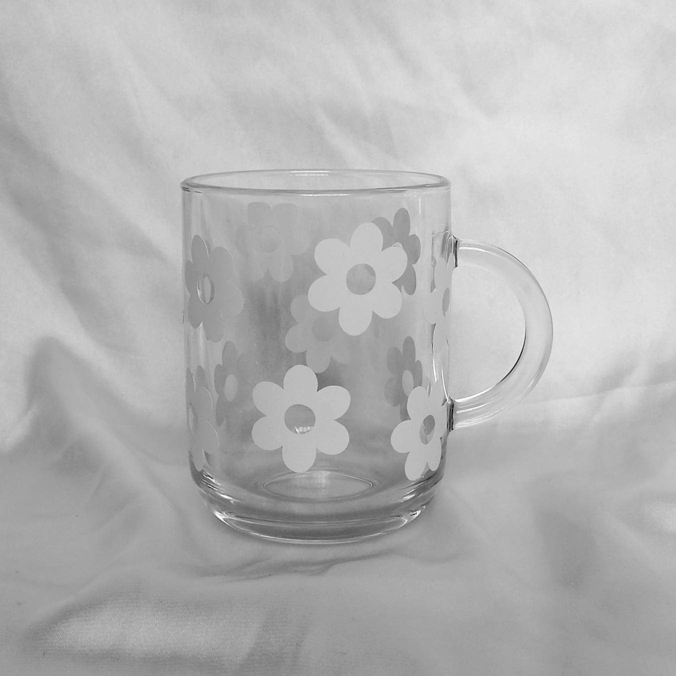 White Retro Flower Glass Mug -  Flower Mug, Floral Mug, 70's Mug, 70's Style Design, Vintage Style Mug, Retro Mug, Funky Mug, Clear Mug