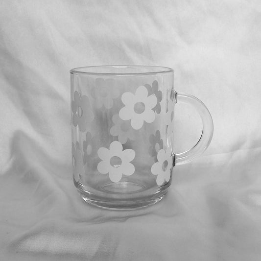White Retro Flower Glass Mug -  Flower Mug, Floral Mug, 70's Mug, 70's Style Design, Vintage Style Mug, Retro Mug, Funky Mug, Clear Mug