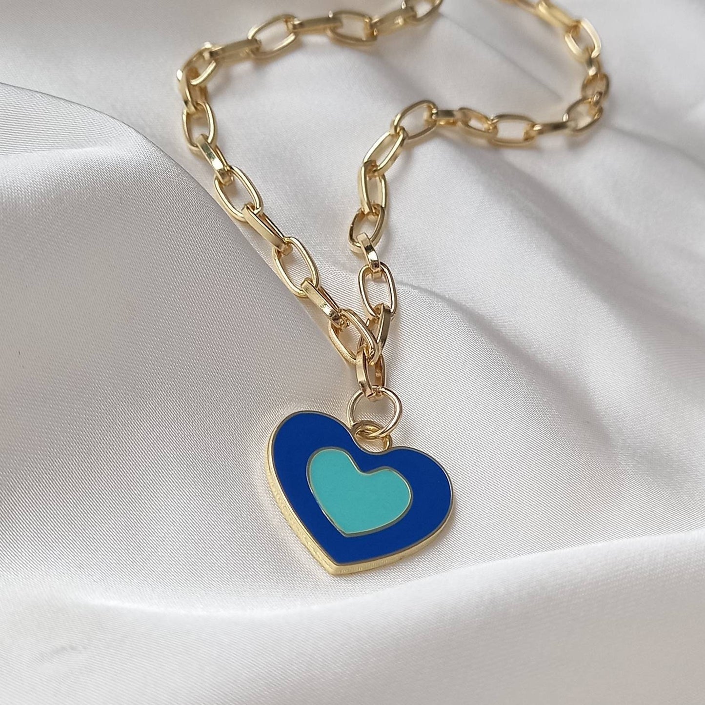 Blue & Gold Retro Heart Charm Necklace -  70's Style Necklace, Vintage Style, Hanging Jewellery,Accessories,Blue Jewellery,Gold Necklace