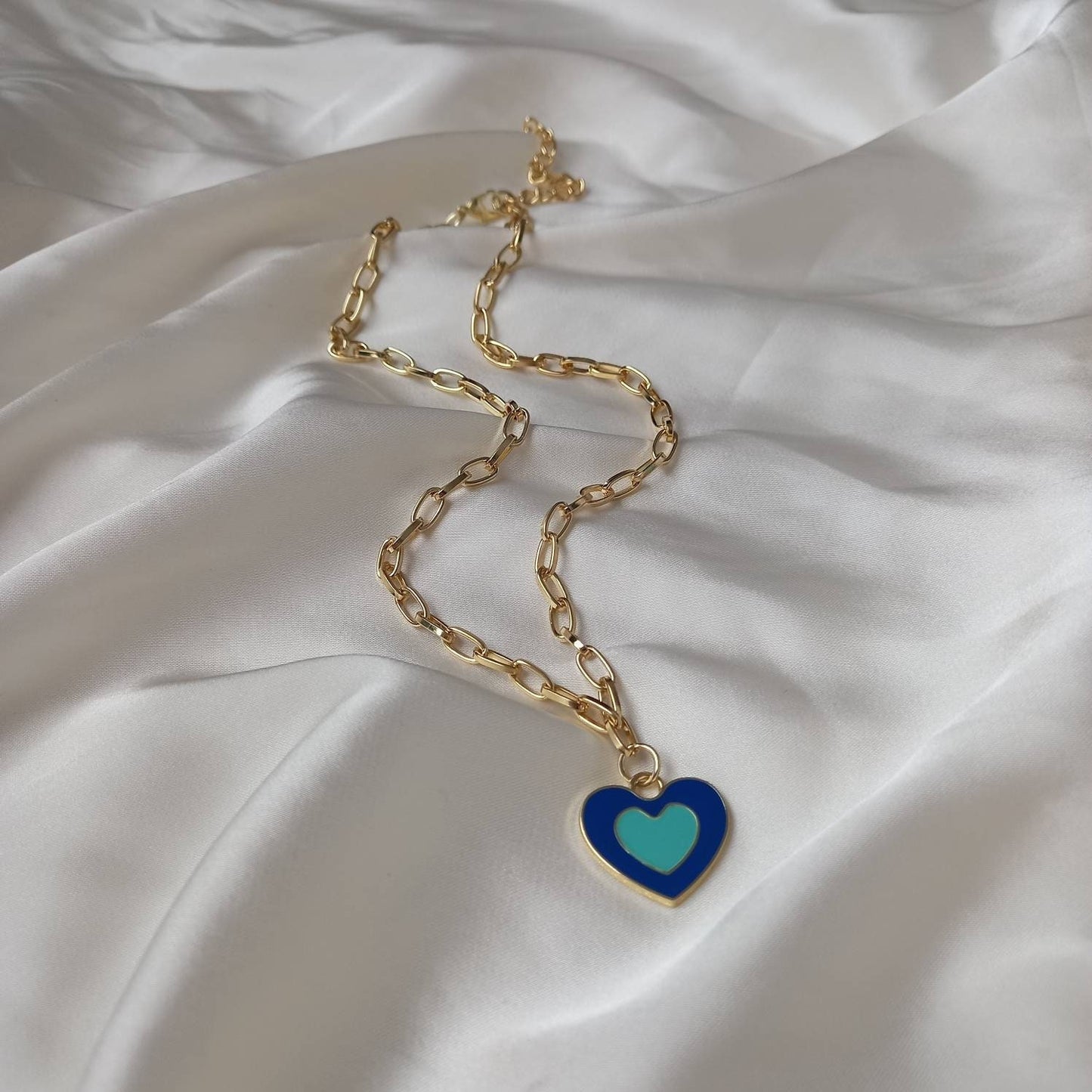 Blue & Gold Retro Heart Charm Necklace -  70's Style Necklace, Vintage Style, Hanging Jewellery,Accessories,Blue Jewellery,Gold Necklace