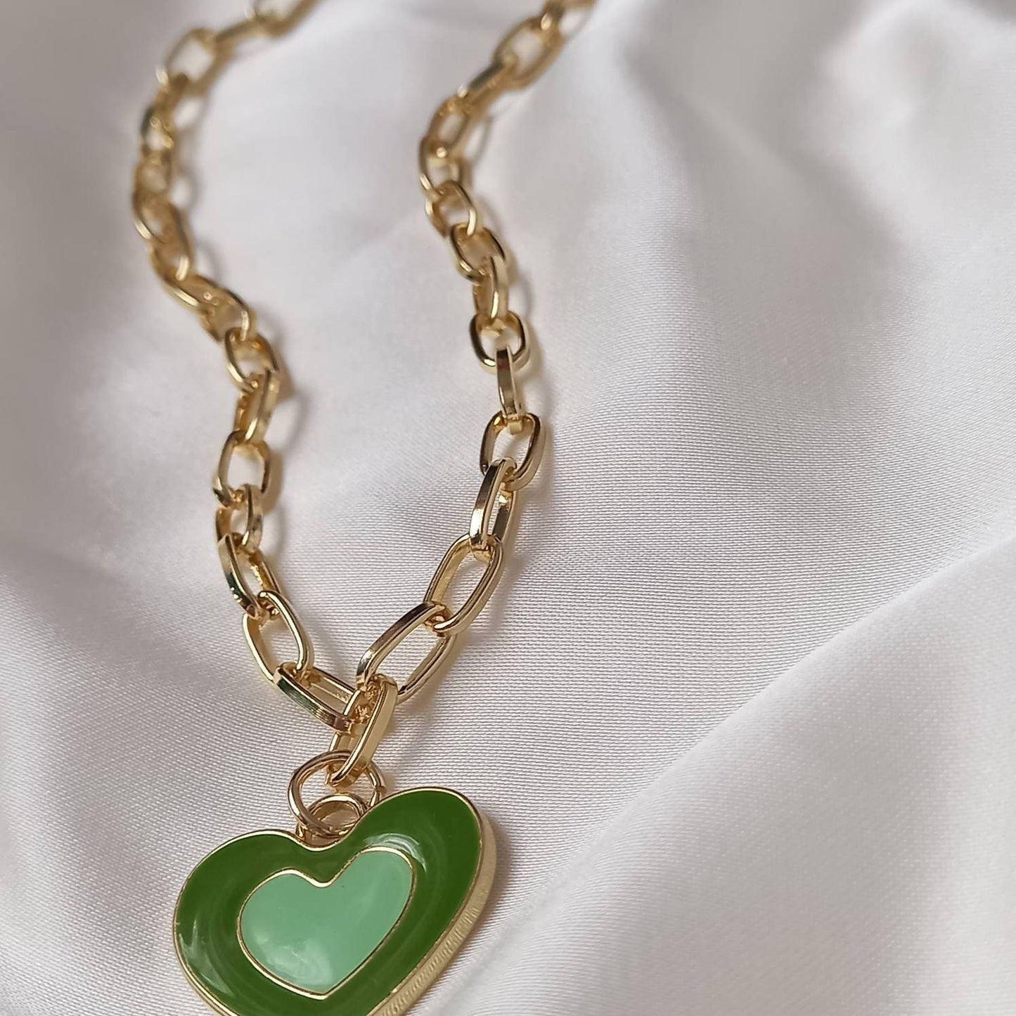 Green & Gold Retro Heart Necklace -  70's Style Necklace, Vintage Style, Hanging Jewellery, Accessories, Green Jewellery, Gold Necklace