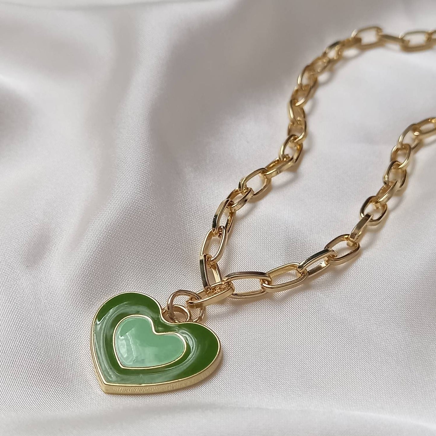 Green & Gold Retro Heart Necklace -  70's Style Necklace, Vintage Style, Hanging Jewellery, Accessories, Green Jewellery, Gold Necklace