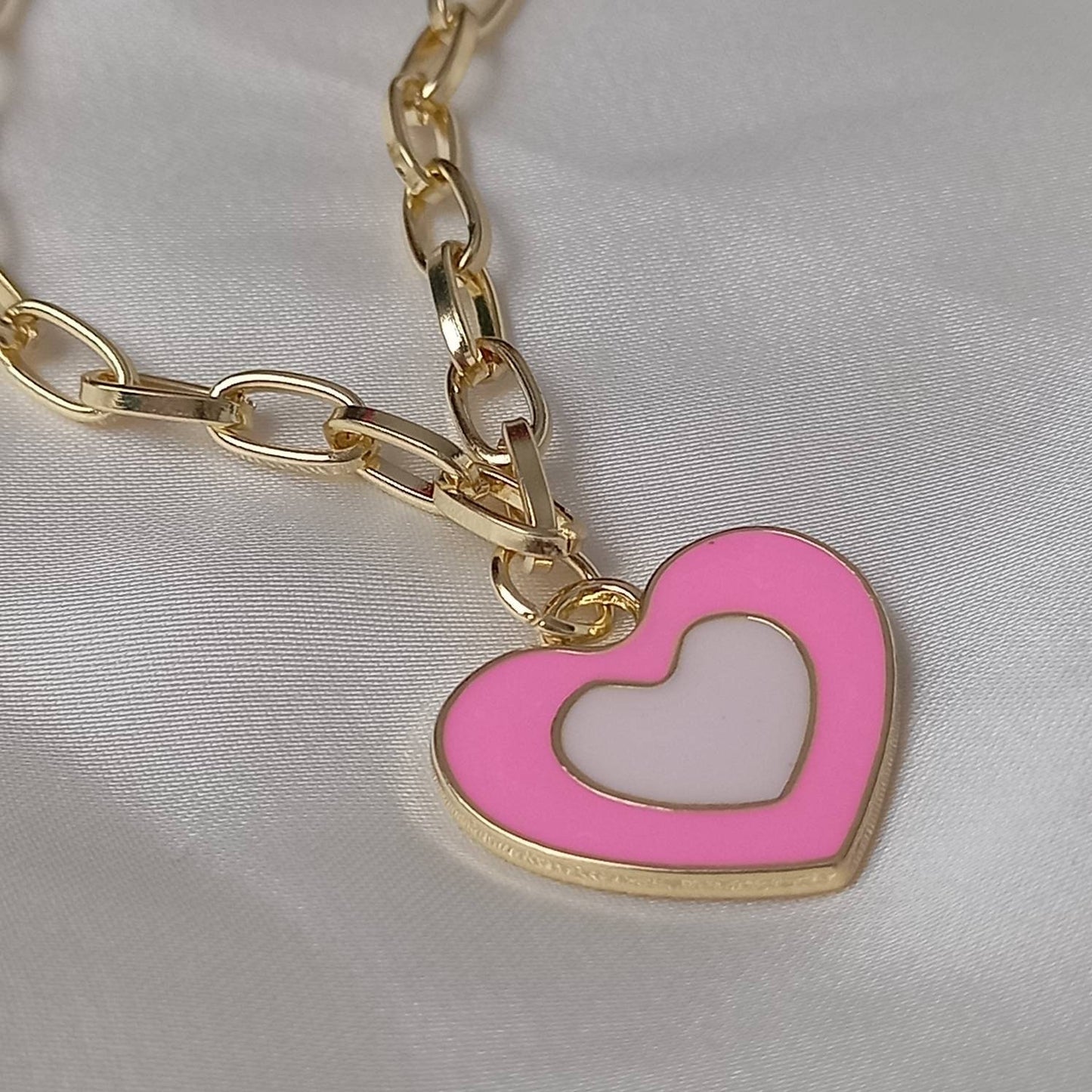 Pink & Gold Retro Heart Drop Charm Necklace -  70's Style Necklace, Vintage Style,Hanging Jewellery,Accessories,Pink Jewellery,Gold Necklace