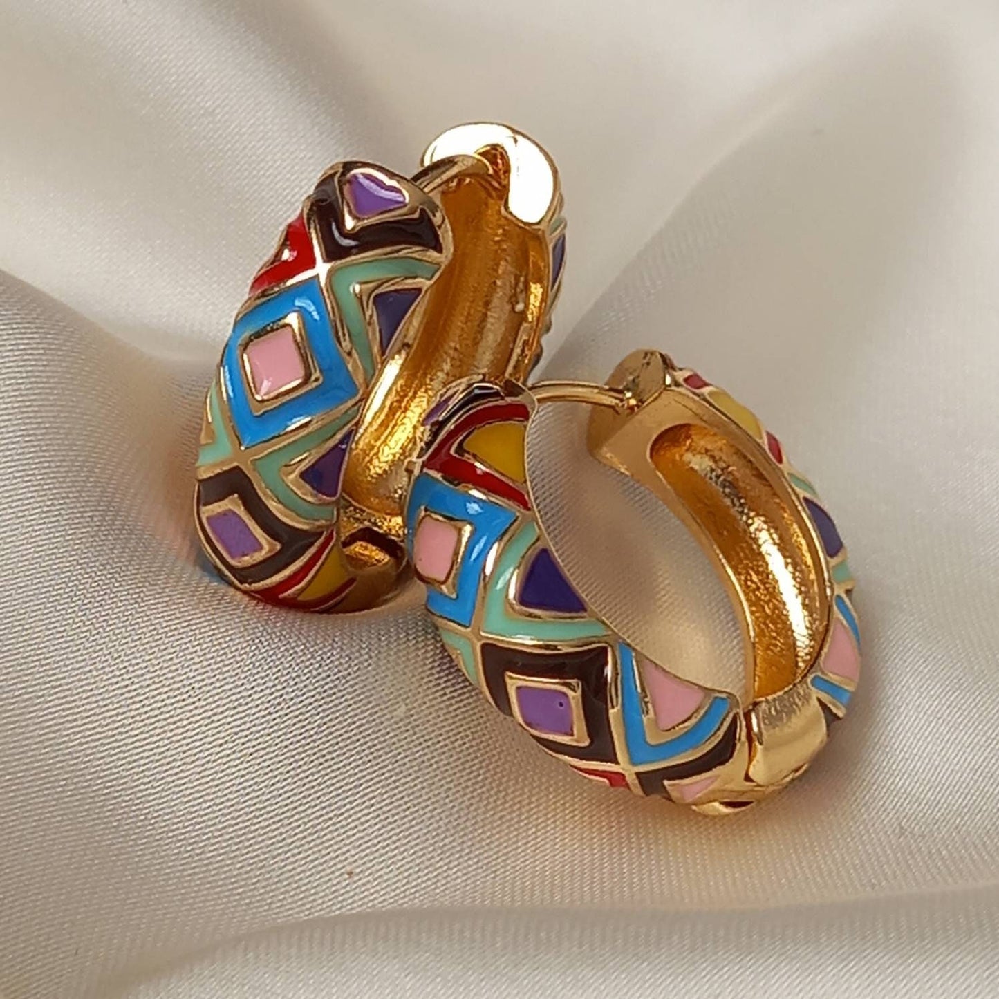 Gold Plated Huggie Hoop Earrings - Patterned Earrings,Patterned Jewlellery,Vintage Style Earrings,Rainbow Earrings In The UK,Gold Jewellery