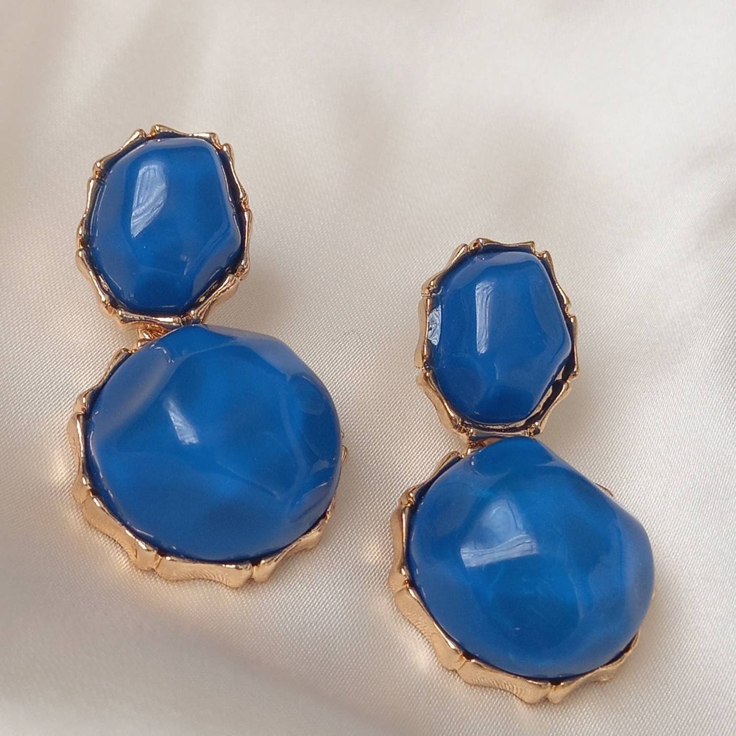 Blue & Gold Oval Resin Drop Earrings -Blue Earrings,Blue Jewellery,Gold Earrings,Resin Earrings,Chunky Earrings,Thick Earrings,Oval Earrings