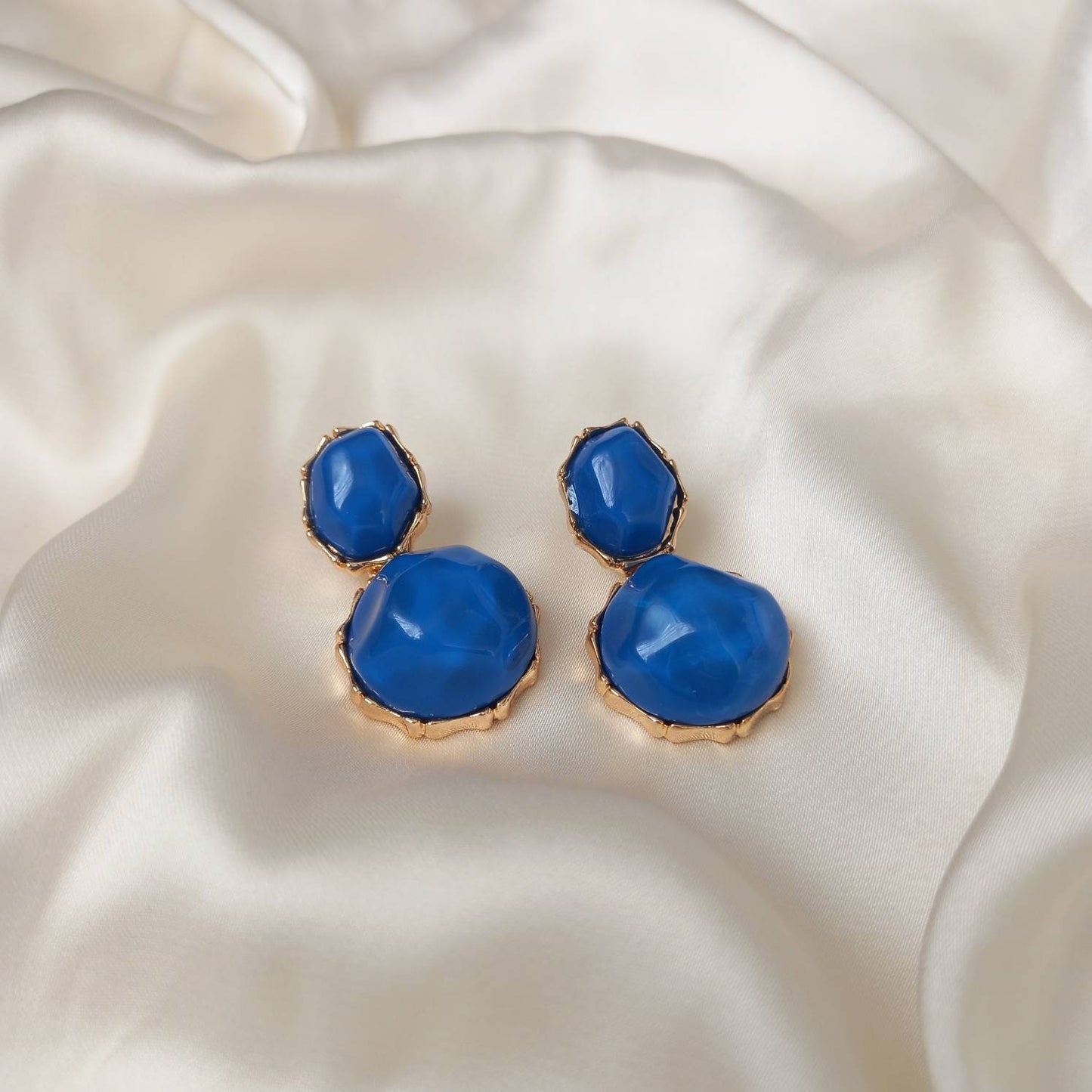 Blue & Gold Oval Resin Drop Earrings -Blue Earrings,Blue Jewellery,Gold Earrings,Resin Earrings,Chunky Earrings,Thick Earrings,Oval Earrings