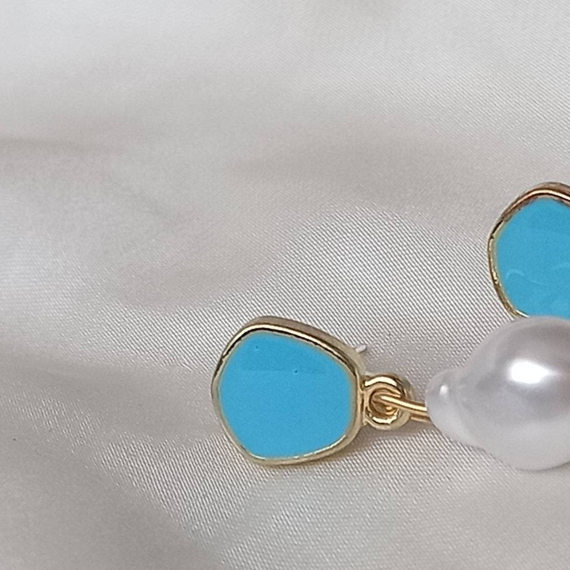 Blue Stud & Pearl Drop Earrings - Pearl Earrings, Blue Earrings, Small Earrings, Small Drop Earrings, Blue Jewellery, Earrings In The UK