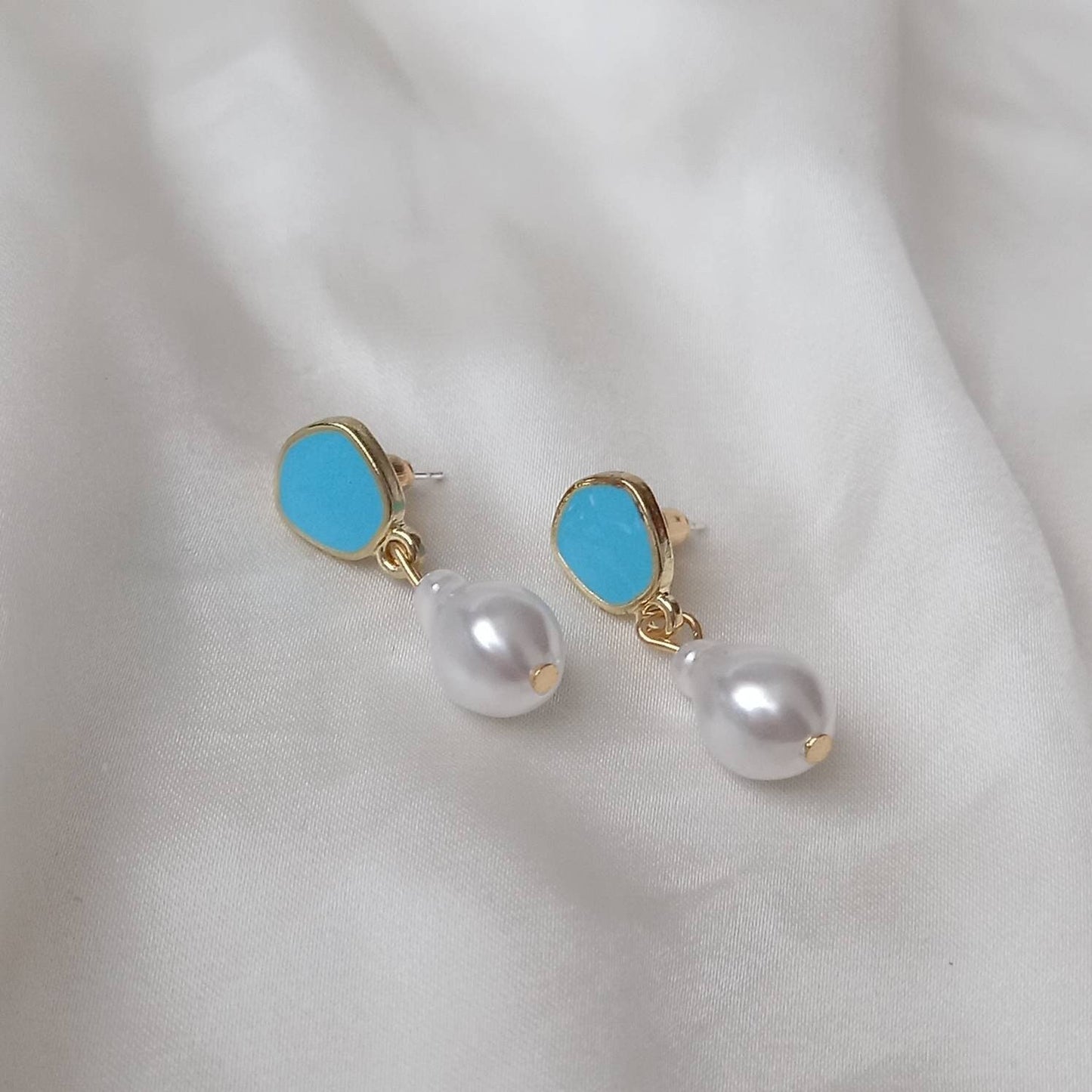 Blue Stud & Pearl Drop Earrings - Pearl Earrings, Blue Earrings, Small Earrings, Small Drop Earrings, Blue Jewellery, Earrings In The UK