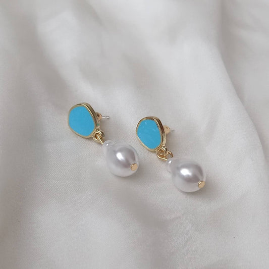 Blue Stud & Pearl Drop Earrings - Pearl Earrings, Blue Earrings, Small Earrings, Small Drop Earrings, Blue Jewellery, Earrings In The UK
